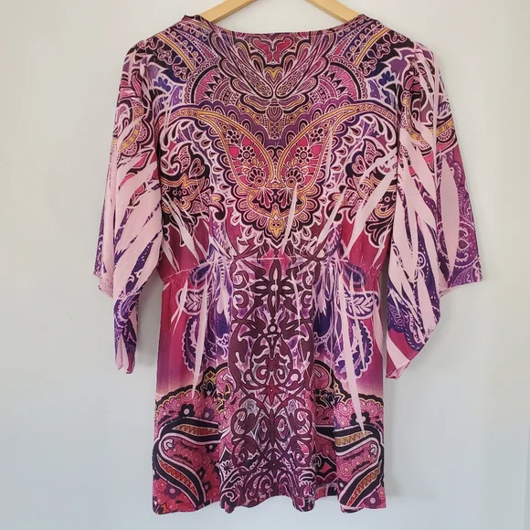 STARIALLE Sz S 3/4 Bell Sleeve Tunic Top Pink Purple V Neck Fairy Boho Hippie - Picture 6 of 14